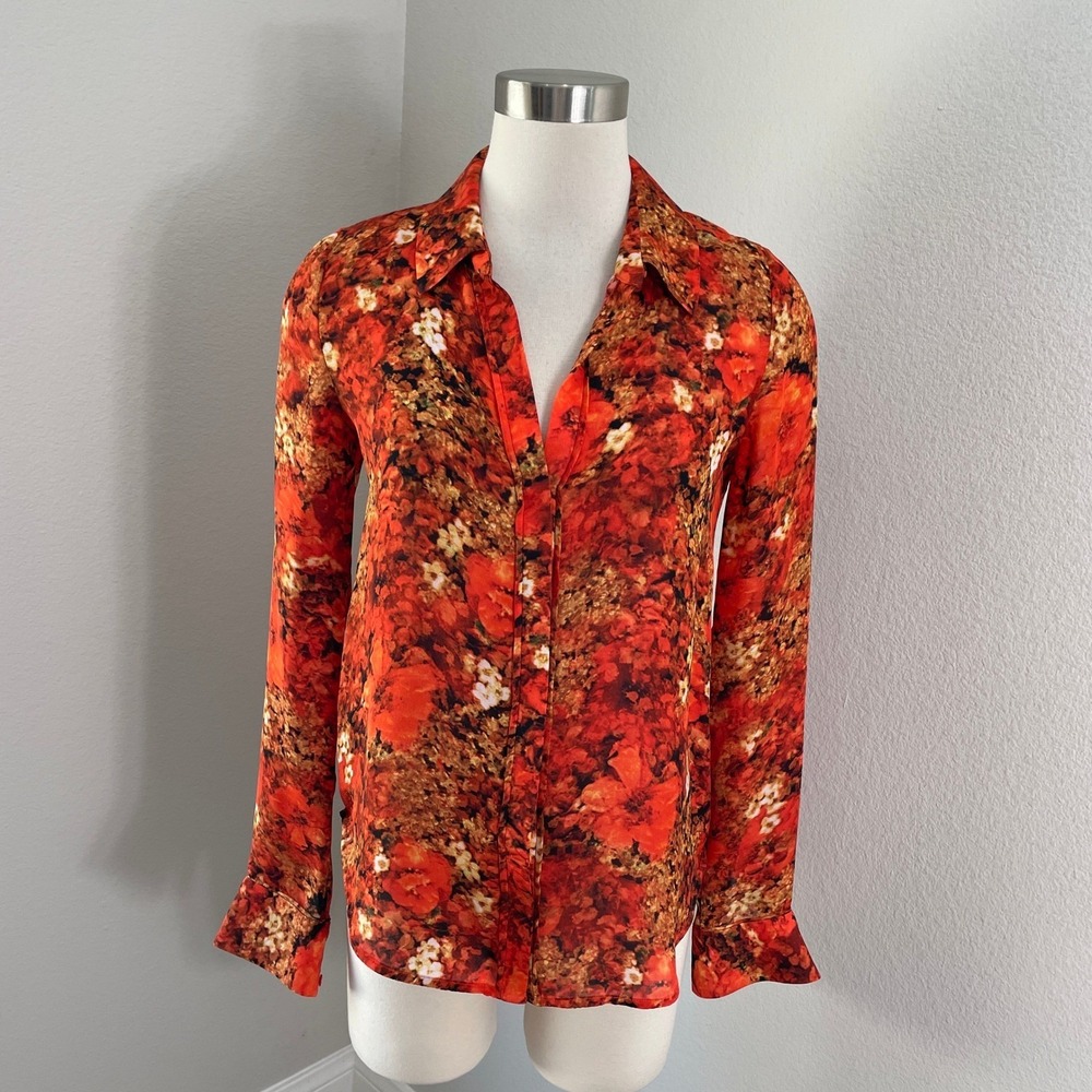 Haute Hippie Womens XS Orange Red Floral 100%‎ Silk Button Up Blouse Long Sleeve